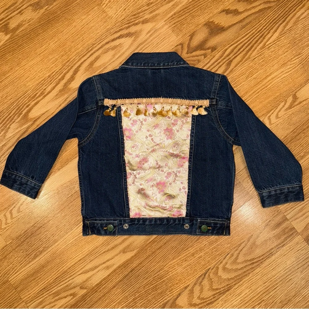 OshKosh B'gosh‎ Upcycled Dark Blue Jean Jacket with Pink Brocade Detail